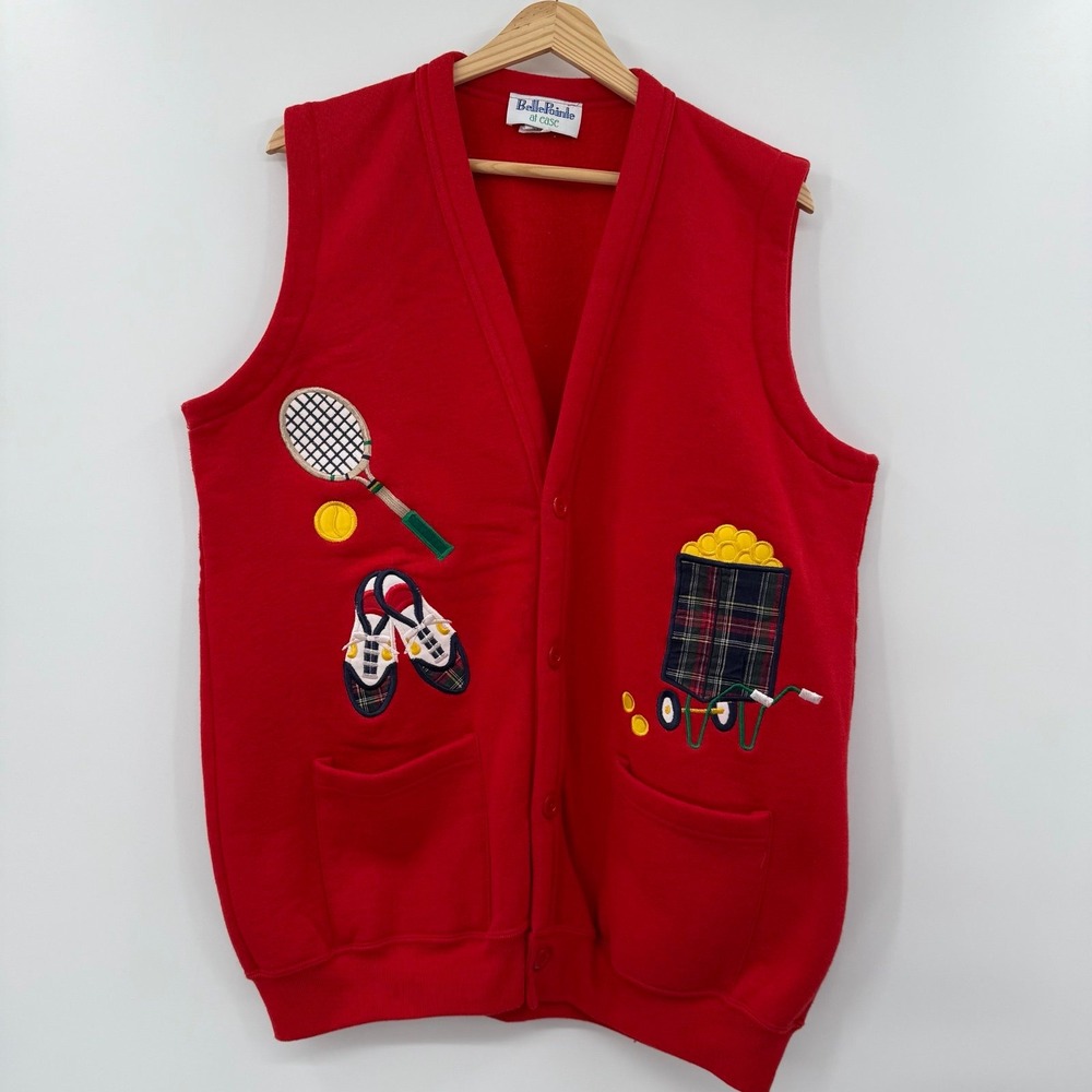 Bellepointe At Ease Vintage Fleece Lined Vest Tennis‎ Themed large USA